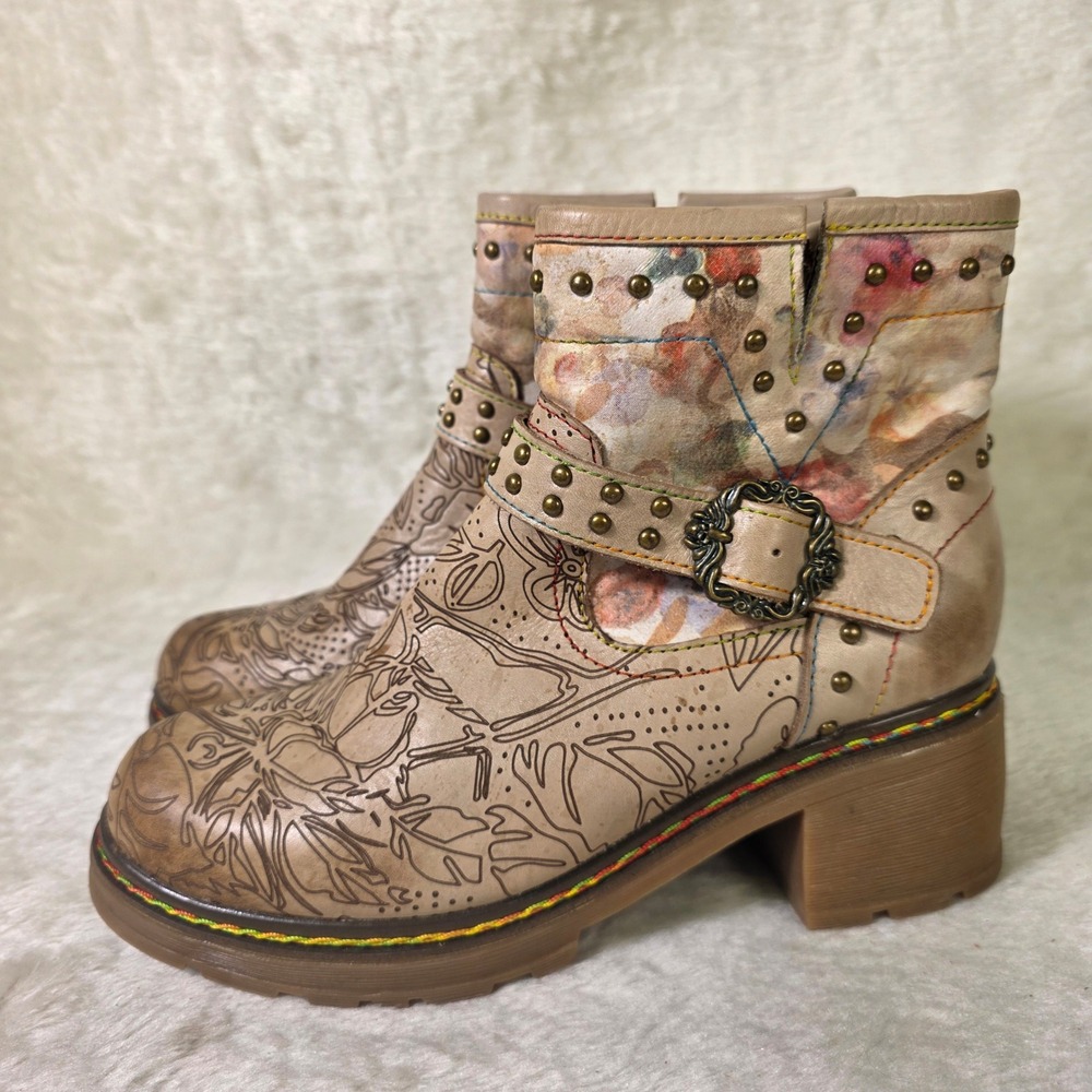 L'Artiste Spring Step Branchout Ankle Boots Beige Floral Studded Womens 37 6 6.5